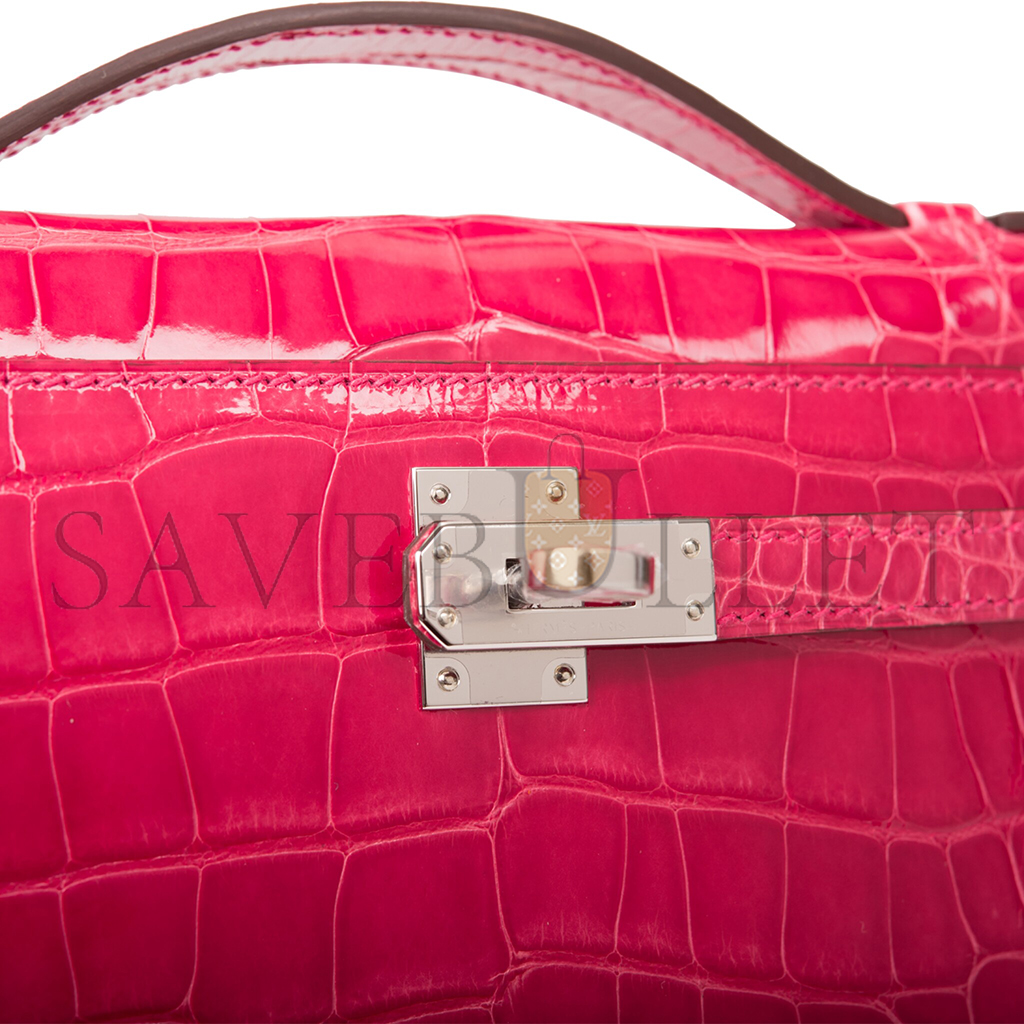 HERMÈS MASTER ROSE EXTREME MINI KELLY POCHETTE OF SHINY MISSISSIPPIENSIS ALLIGATOR PALLADIUM HARDWARE (22*14*7cm)